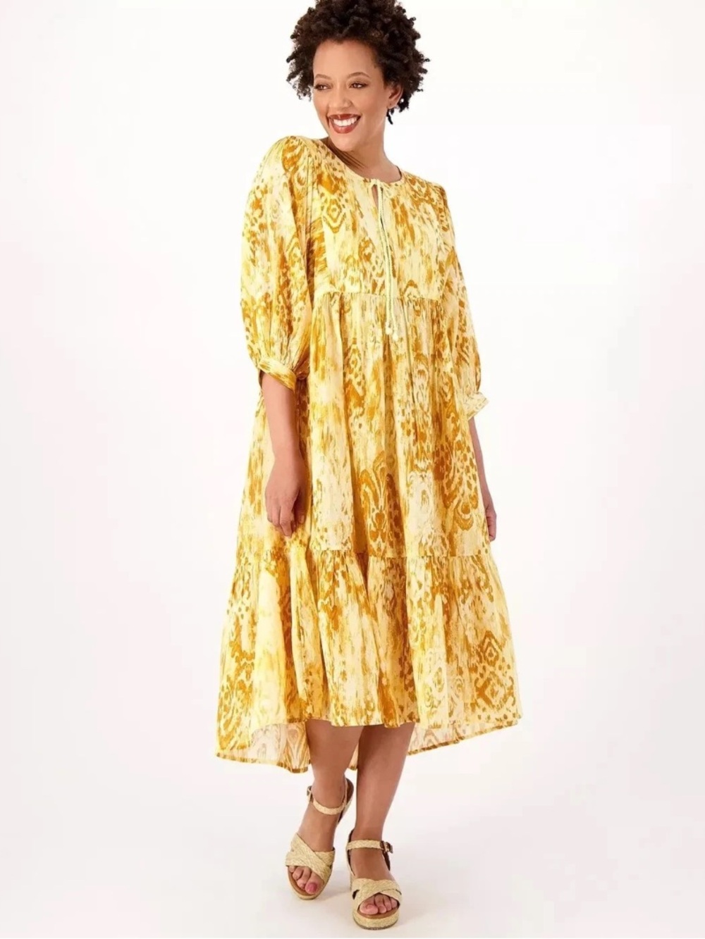 Destination 365 Women's Printed Midi Tie-Front Tiered Dress Size L